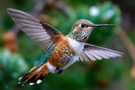 A high-speed shot of a hummingbird in flight, captured with a telephoto lens in natural light, showing the grace and speed of nature's smallest creaturesの写真素材