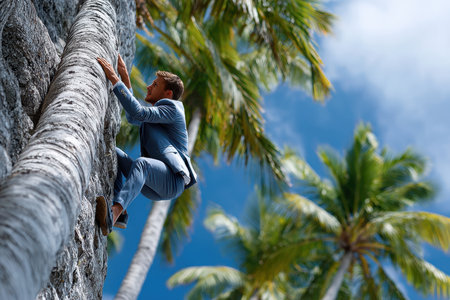 A businessman in a suit skillfully climbs a rock wall under a clear sky surrounded by palm trees.の写真素材