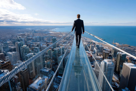 A man in a suit walks confidently on a glass ledge overlooking a vibrant city and lake, showing daring grace.の写真素材