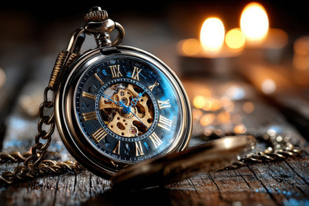 An antique pocket watch rests open on a weathered wooden surfaceの写真素材