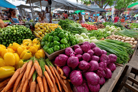 A colorful display of fresh vegetables at an outdoor marketの写真素材