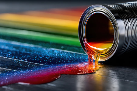 A paint can tips over, releasing a cascade of bright colors onto a dark wooden surface, creating an artistic display.の写真素材