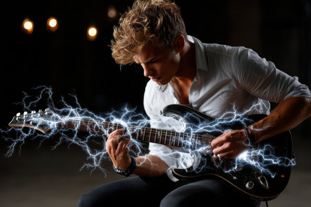 A young man plays an electric guitar, surrounded by vibrant lightning effects and soft lighting, showing his talent.の写真素材