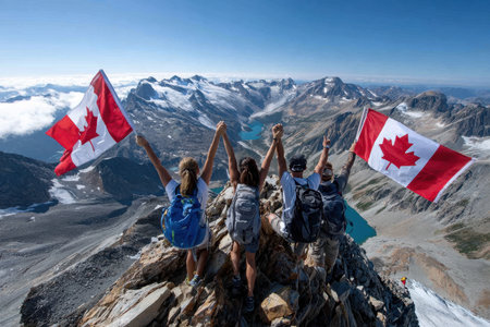 Four individuals stand triumphantly on a mountain summit in Canada, holding flags and enjoying the scenic view.の写真素材