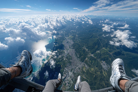 Two feet dangle from an airplane as it flies over a coastal town surrounded by clouds and ocean.の写真素材