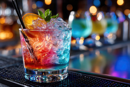 A vibrant cocktail with layers of color served in a glass filled with ice, garnished and ready to enjoy.の写真素材