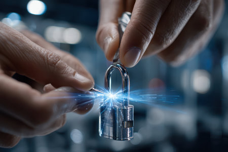 Two hands carefully attach a key to a shiny padlock, emphasizing focus and craftsmanship in a workshop setting.の写真素材