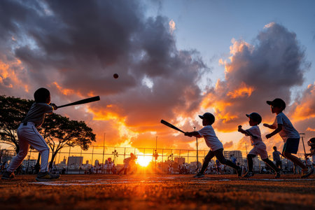Kids swing baseball bats and run as the sun sets behind city buildings, creating a vibrant backdrop.の写真素材
