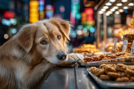 A dog looks longingly at a food stall display at nightの写真素材