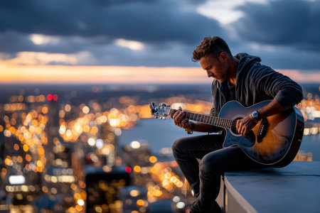 A guitarist strums tunes while seated on a rooftop, with the city lights twinkling beneath a colorful sunset.の写真素材
