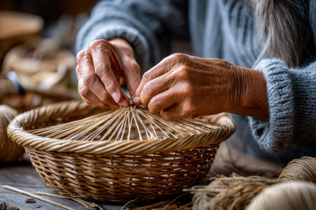 Skilled artisan creates a basket using natural materials surrounded by handmade crafts.の写真素材