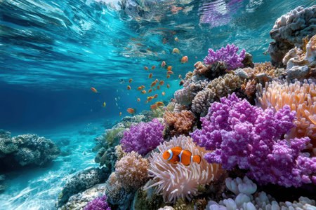 A vibrant coral reef teeming with colorful fish and marine lifeの写真素材
