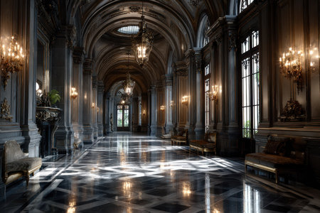 Empty hallway in a palace with marble floors and chandeliersの写真素材