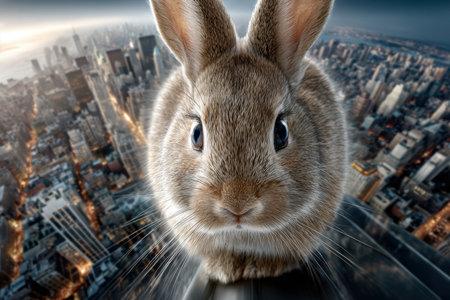 A rabbit sits calmly at the edge of a skyscraper, gazing over the sprawling cityscape during twilight.の写真素材