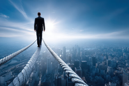A conceptual image of a businessman walking on a tightrope over a cityscape, shot in a surreal, dreamlike style with dramatic, backlighting and a telephoto lens to emphasize the risk and determination, ultrarealistic photo --ar 3:2 --raw --profile nk3i4wf --stylize 250 --v 7 Job ID: 08167835-7437-4c3d-965f-b9f6c7609881の写真素材