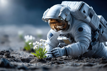 An astronaut carefully tends to flowers in a rugged landscape, demonstrating hope and exploration beyond Earth.の写真素材