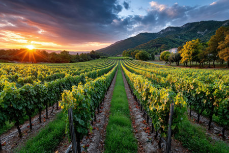 Vineyards stretch into the distance beneath a vibrant sunset sky and mountainsの写真素材