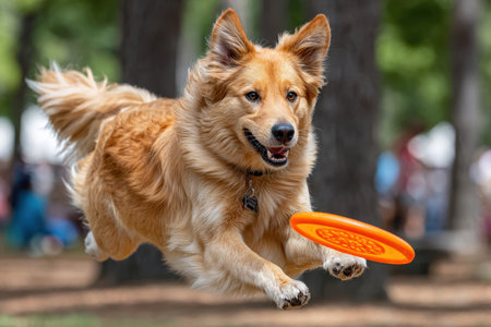 A dog leaps into the air to catch a frisbee in a vibrant green park on a sunny afternoon filled with fun.の写真素材