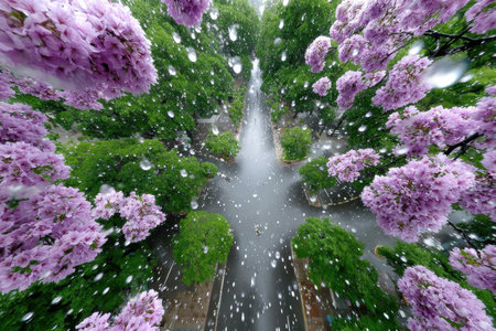 Aerial view of a rainy city intersection with purple flowers and green treesの写真素材