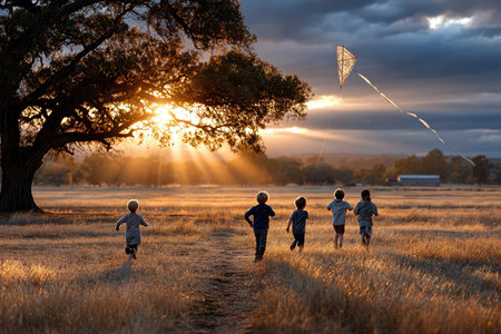 Five children run through a golden field at sunset, their kite soaring above them. A large tree casts long shadows across the grassy landscapeの写真素材
