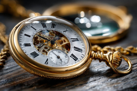 A vintage pocket watch showcases its detailed craftsmanship while sitting on a worn wooden surface.の写真素材