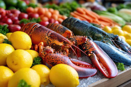 Fresh lobsters on ice, garnished with lemons and colorful vegetablesの写真素材