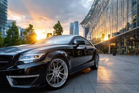A sleek black car parked outside a modern glass building at sunsetの写真素材