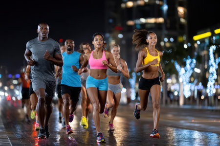 Group of runners in bright athletic wear engages in a lively workout on a city street at night.の写真素材