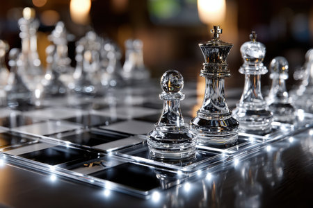 Closeup of glass chess pieces on an illuminated boardの写真素材