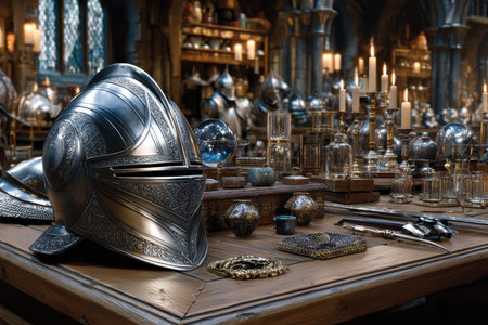 Intricate artifacts and armor pieces rest on a wooden table in a dimly lit room filled with history and mystery.の写真素材