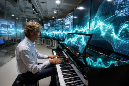 A musician performs on a piano surrounded by interactive screens displaying sound wave patterns.の写真素材