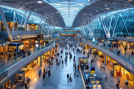 Travelers walk through a busy, modern airport terminalの写真素材