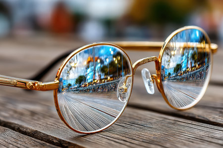 Stylish sunglasses lie on a wooden surface, reflecting a lively urban landscape filled with colors and lights.の写真素材