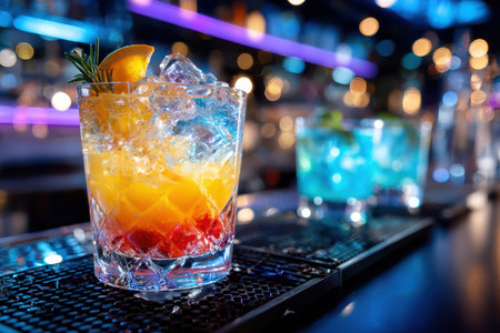 A close-up of a colorful cocktail on a bar counter, under vibrant, neon light, shot with a DSLR cameraの写真素材