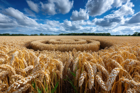 A large crop circle design in a golden wheat field under a summer skyの写真素材