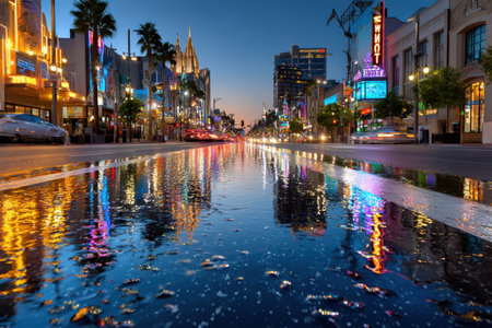 A bustling city street at twilight, with neon signs reflecting on wet asphalt, shot with a wide-angle lens, creating a vibrant, urban atmosphereの写真素材
