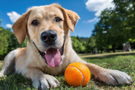 A golden retriever lies in the grass with an orange ballの写真素材