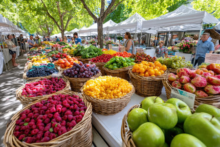 Fresh, colorful produce displayed in wicker baskets at a farmers marketの写真素材