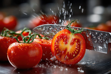 Freshly sliced tomatoes with water droplets on a metal surfaceの写真素材