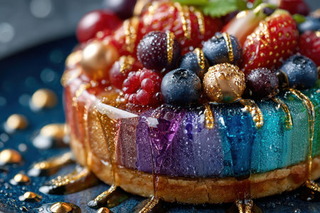 A colorful rainbow jelly cake topped with fresh berries and gold accentsの写真素材