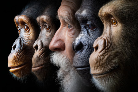 Different primates and a human man displayed side by side, showing the evolutionary connection in their features.の写真素材