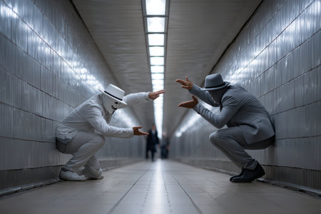 Two artists, one in a suit and another in white attire, perform expressive movements in a subway tunnel.の写真素材