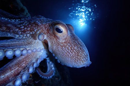 An octopus curiously explores its environment illuminated by soft light filtering through water.の写真素材