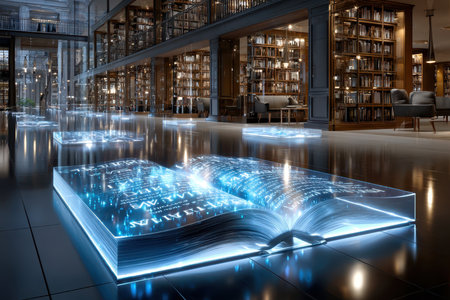 A contemporary library showcasing glowing digital books on the floor, enhancing the enchanting evening ambiance.の写真素材