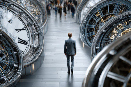 A man in a suit strolls through an impressive exhibition of oversized clocks amidst a bustling crowd.の写真素材