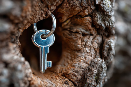 A shiny metallic key is nestled in a hollow part of a tree trunk, surrounded by rough bark and natural textures.の写真素材