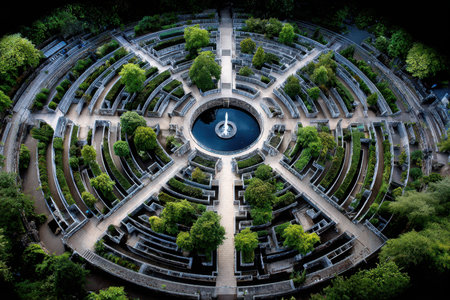 Aerial view of a circular garden maze with a fountain in the centerの写真素材