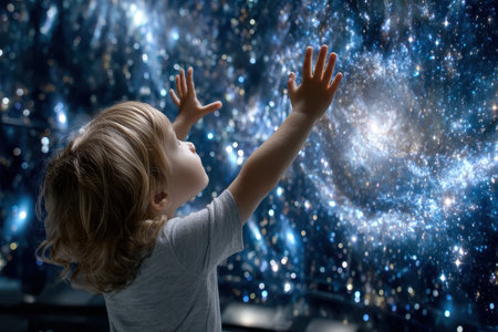 A young child gazes in wonder at the night sky filled with stars and galaxies, exploring the universe.の写真素材