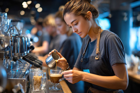 A bustling coffee shop in a city, under artificial lighting, shot with a telephoto lens, featuring a barista performing latte art, ultrarealistic photo --ar 3:2 --raw --profile nk3i4wf --stylize 250 --v 7 Job ID: 3e8aab50-5c77-4bde-a4bf-2944419fbb48の写真素材