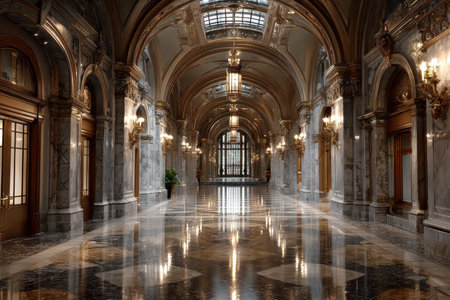 Empty ornate hallway with marble walls, gold trim, and hanging lightsの写真素材